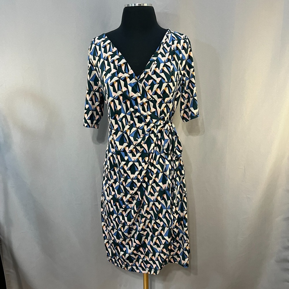 Motherhood Wrap Dress Womens Medium Maternity Multicolor Geometric Waist Tie